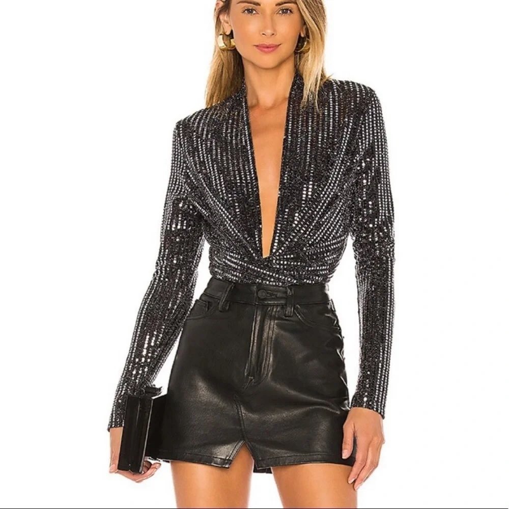 ASTR The Label Oh Baby Bodysuit Black Silver Sequin Metallic Long Sleeve Small